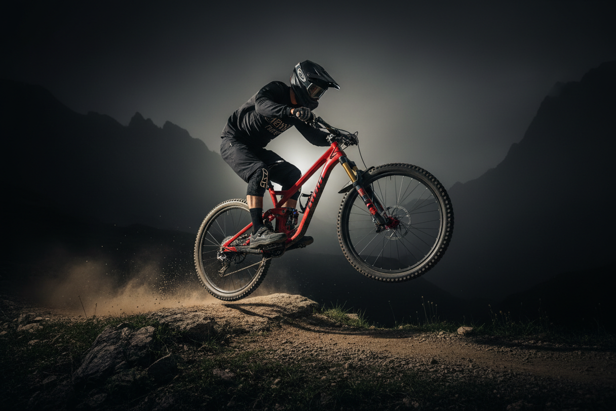 A mountain bike being ridden, against a dark background.