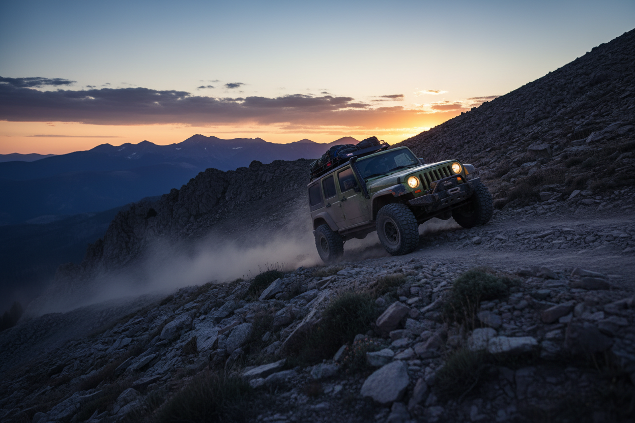 An off-road vehicle is driving uphill on a mountain, against a light-dark background.